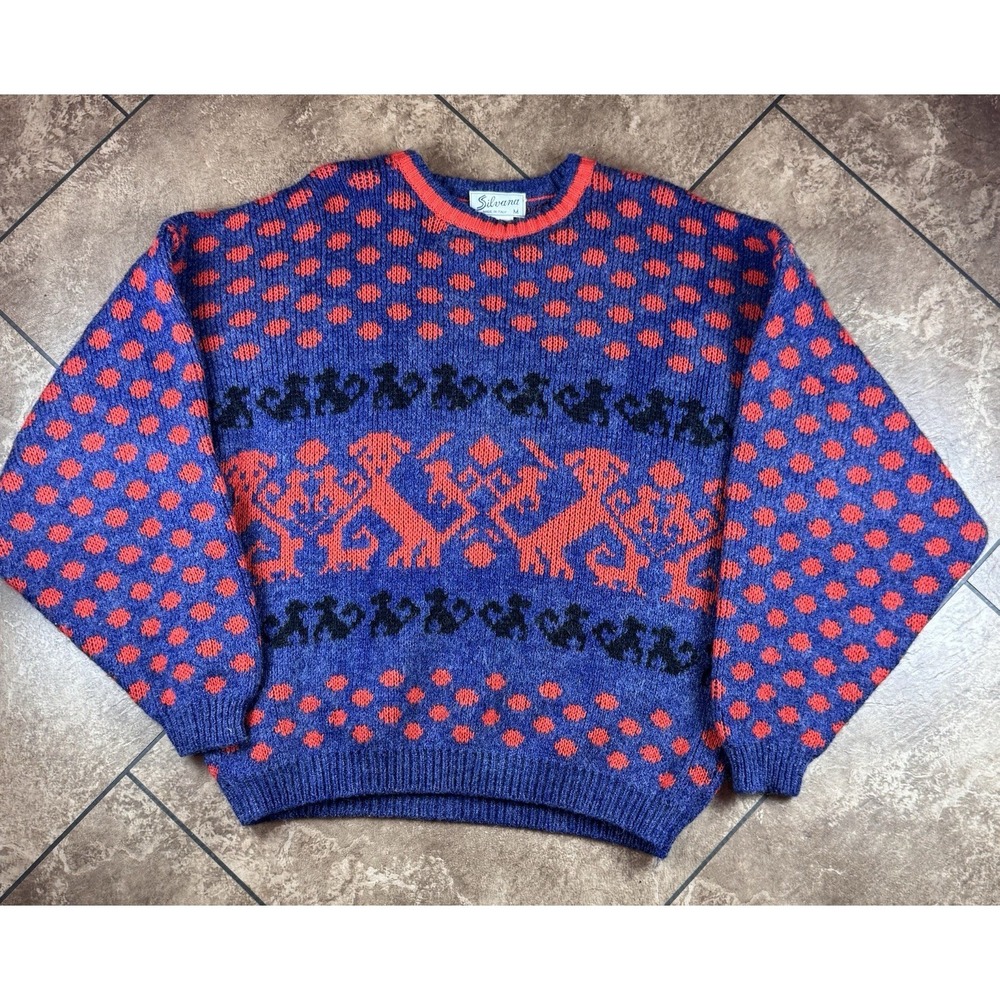 Vintage Silvana Monkey Motif Knit Sweater Wool Blend Italy Rare Women's Medium